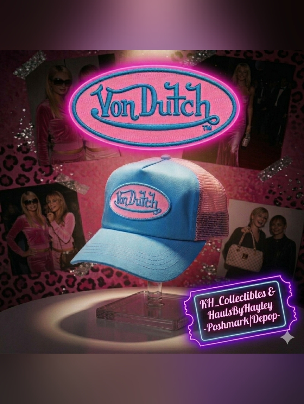 Vintage 2003 NWOT Von Dutch Trucker Hat Blue Pink Y2K McBling Deadstock Snapback